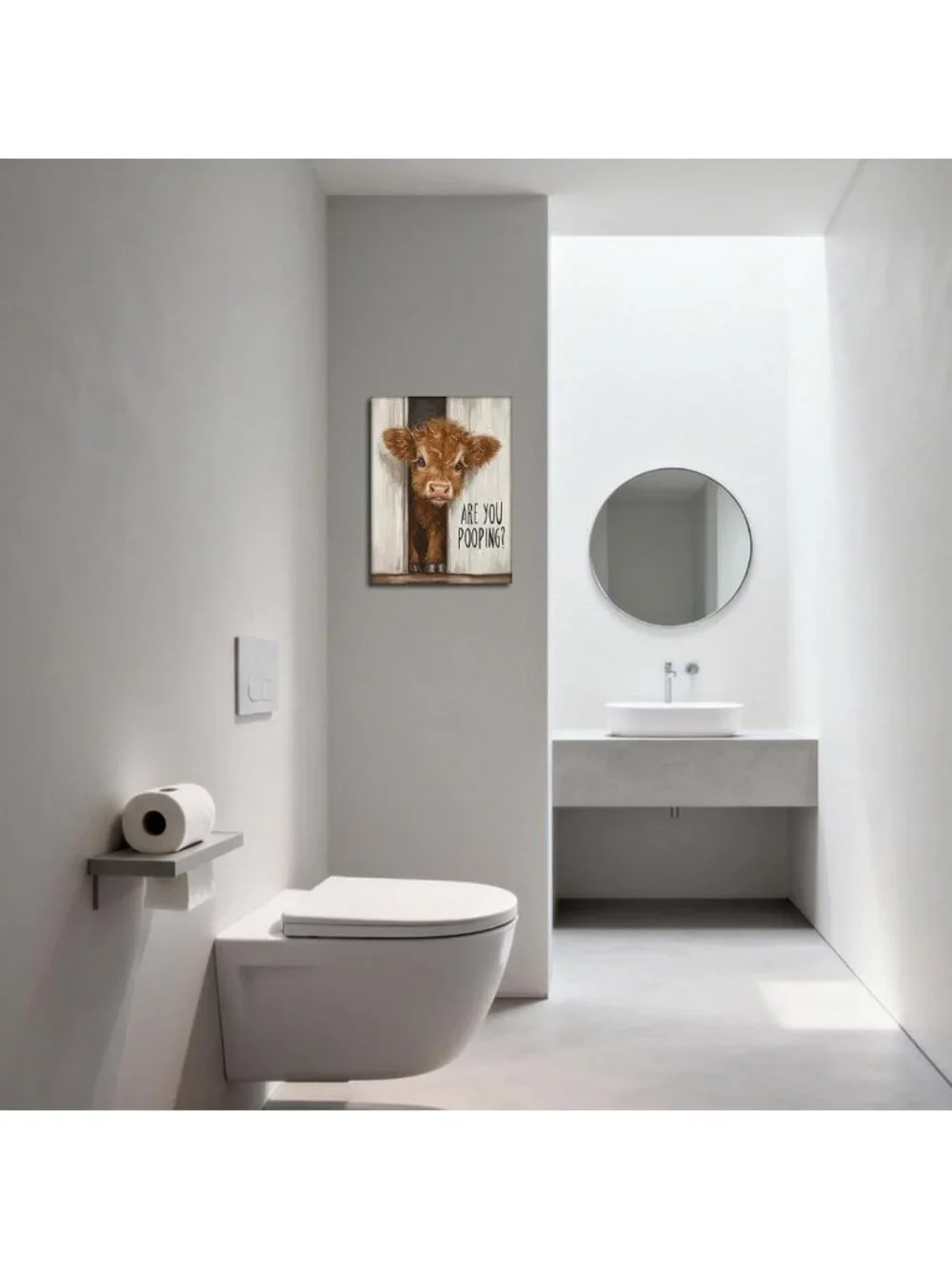 Funny Highland Cow Bathroom Decor | Humorous Canvas Wall Art for Restroom